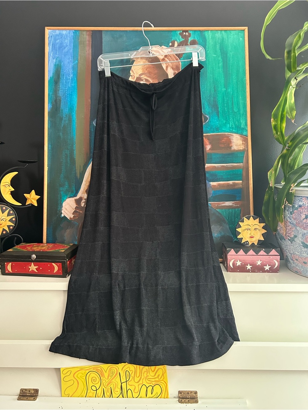 Vintage ES SL USA Black Maxi Skirt Drawstring Flowy Minimalist 90s Y2K